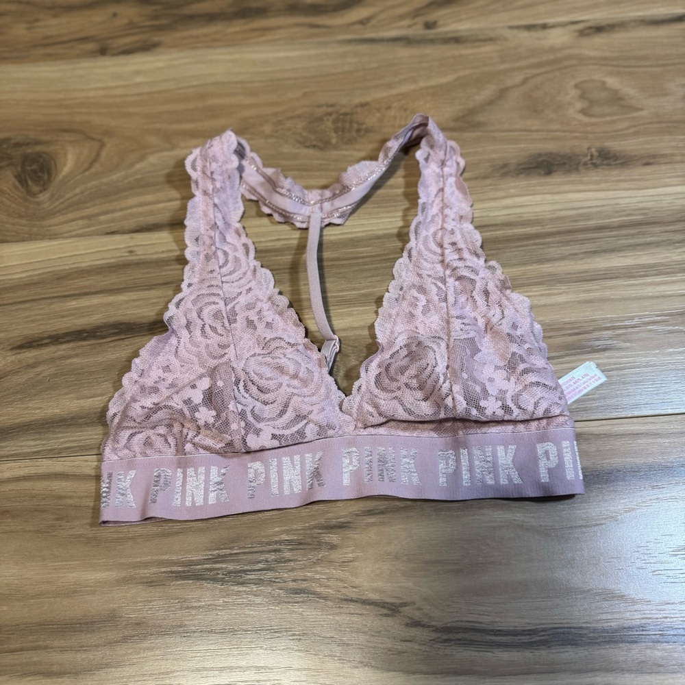 VS PINK Small Lace Bralette Adjustable T-Back Halterneck Pink Intimates Lounge